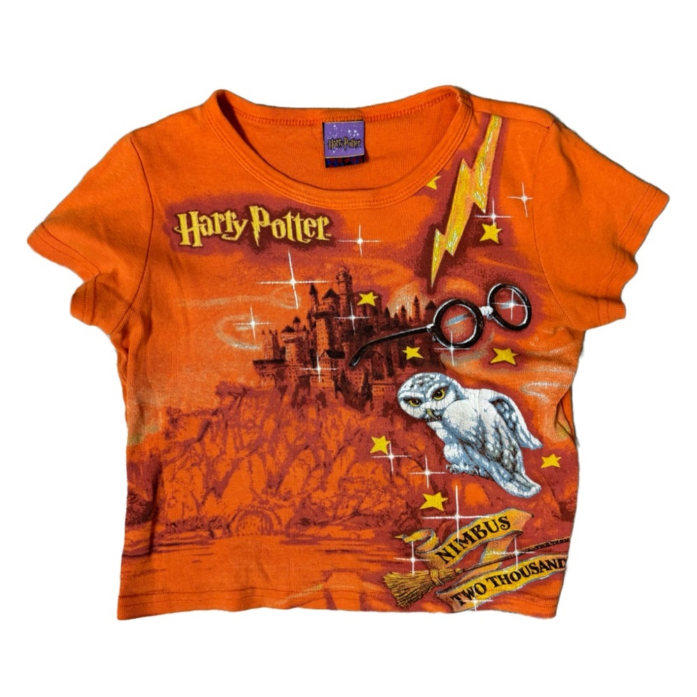 Rare Vintage Y2K Orange Harry Potter Baby Tee Hogwarts Hedwig Nimbus 2000